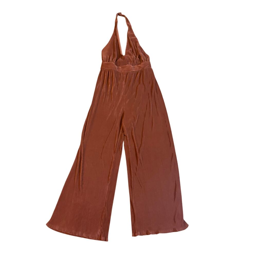 Fashion Nova Tatiana Plisse Jumpsuit Brown Size 3X Halter Wide Leg Pleated NWT